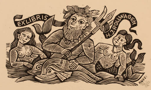 Exlibris by Hermann Huffert from Germany for H.J. Rollwagen - Mermaid 