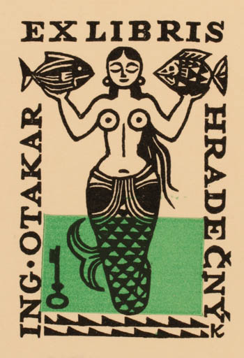 Exlibris by Ladislav J. Kaspar from Czechoslovakia for Ing. Otakar Hradecny - Mermaid 