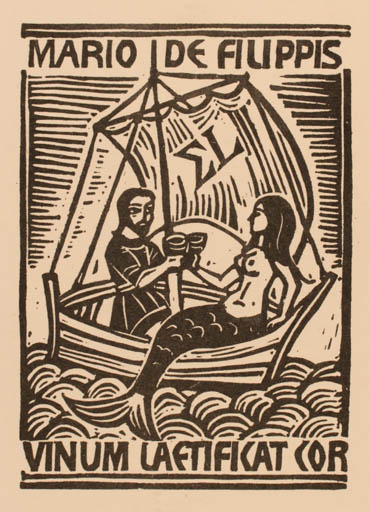 Exlibris by Pencho Koulekov from Bulgaria for Mario de Filippis - Mermaid Man Ship/Boat Wine 