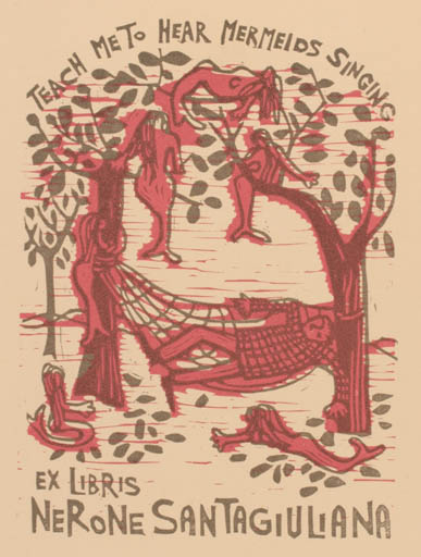 Exlibris by Maria Elsia Leberoni from Italy for Dr. Nerone Santagiuliana - Mermaid Tree 