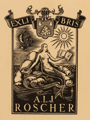 Exlibris by J.C. Maas from Netherland for A.L.J. Roscher - Book Mermaid Sun 