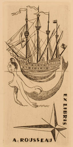 Exlibris by Z. Meze from Czechoslovakia for Antoine Rousseau - Mermaid Ship/Boat 