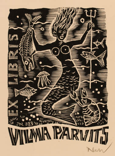 Exlibris by Johann Naha from Germany for Johannes Parvits - Mermaid 