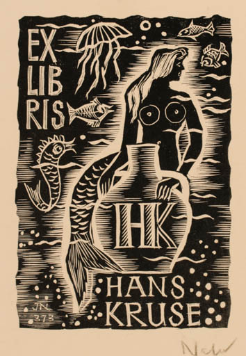 Exlibris by Johann Naha from Germany for Hans Kruse - Mermaid 