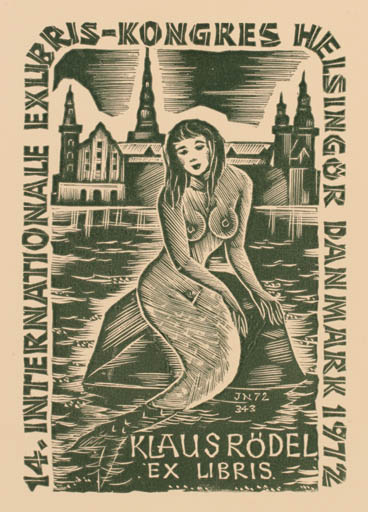 Exlibris by Johann Naha from Germany for Klaus Rödel - Castle/Palace Mermaid 