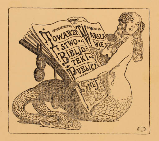 Exlibris by Edward Okun from Poland for Warszawie Biblioteki Publicznej - Mermaid 