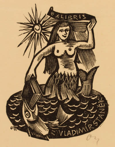 Exlibris by Herbert S. Ott from Germany for Vladimir Stanék - Book Fish Mermaid Sun 