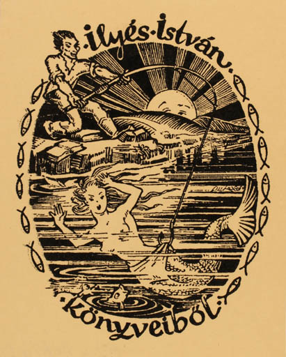 Exlibris by Bèla Petry from USA for Ilyés- István Könyveiböl - Fish Mermaid Man 