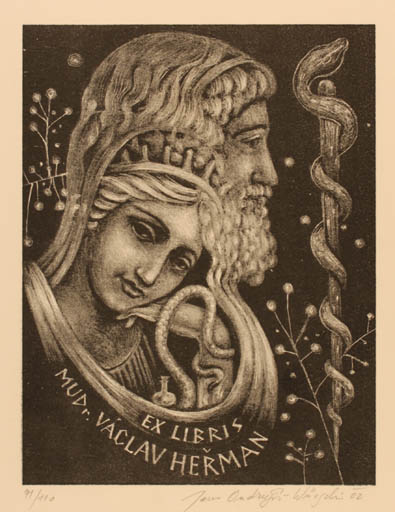 Exlibris by Jana Wüntschova - Ondrusová from Czechoslovakia for Dr. Vaclav Herman - Medicine Portrait 