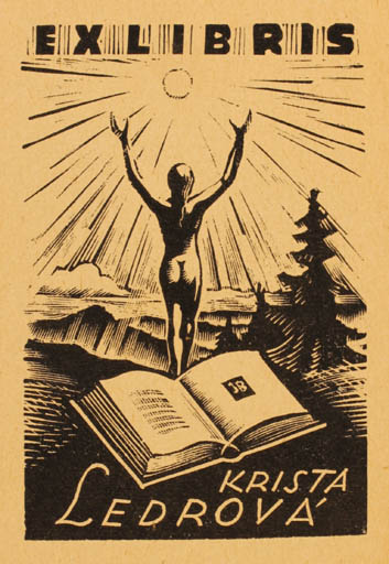 Exlibris by Jaro Beran from Czechoslovakia for Krista Ledrová - Book Woman Scenery/Landscape Nude Sun 