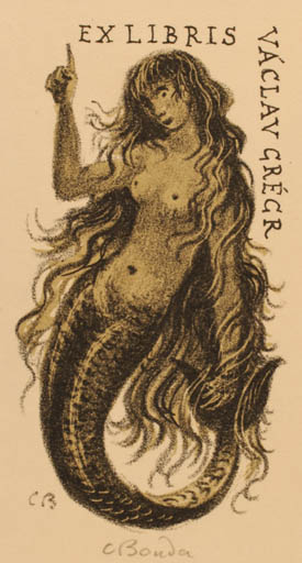 Exlibris by Cyril Bouda from Czechoslovakia for Vaclav Gregr - Mermaid 