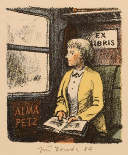 Exlibris by Jiri Bouda from Czech Republic for Alma Petz - Book Woman Train 