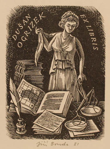 Exlibris by Jiri Bouda from Czech Republic for Dusan Ogrizek - Book Law Woman 