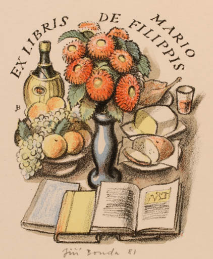 Exlibris by Jiri Bouda from Czech Republic for Mario de Filippis - Flower Book Fruit Food Wine 