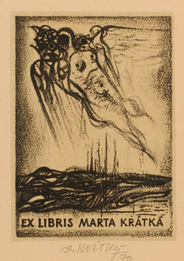 Exlibris by Bohumil Kratky from Czech Republic for Marta Krátká - Angel Scenery/Landscape 