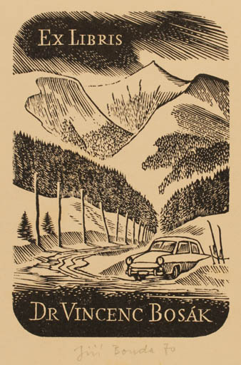 Exlibris by Jiri Bouda from Czech Republic for Dr. Vincenc Bosak - Car Mountain Scenery/Landscape 