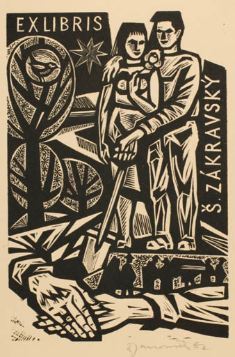 Exlibris by Dusan Janousek from Czech Republic for Stepan Zakravsky - Flora Hand(s) Couple Romance 