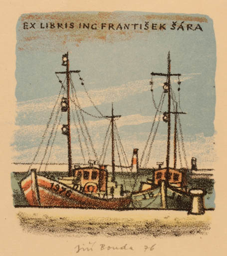 Exlibris by Jiri Bouda from Czechoslovakia for Frantisek Sara - Maritime Ship/Boat 