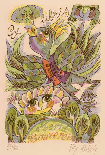 Exlibris by Olga Cechova from Czechoslovakia for Maria Souverin - Child Bird 