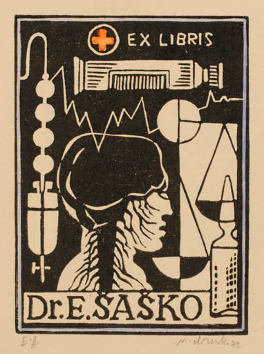 Exlibris by Viktor Chrenko from Czechoslovakia for Dr. E Sasko - Pharmacy Science 