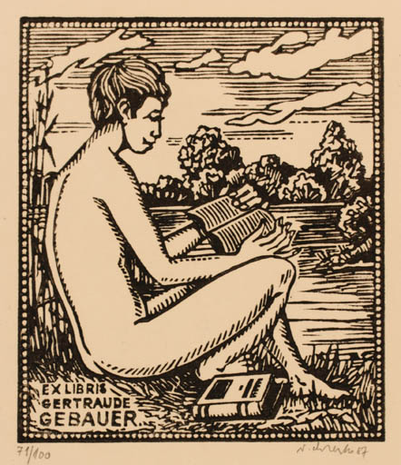 Exlibris by Viktor Chrenko from Czechoslovakia for Gertrude Gebauer - Book Scenery/Landscape Man 