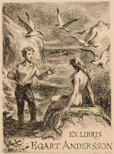 Exlibris by Emil Kotrba from Czech Republic for Egart Andersson - Bird Maritime Couple Romance 