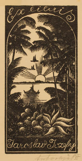 Exlibris by Antonin Dolezal from Czechoslovakia for Jaroslav Jozefy - Maritime Palm tree Ship/Boat Sun 