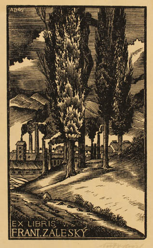 Exlibris by Antonin Dolezal from Czechoslovakia for Frant Zaleský - City Scenery/Landscape Tree 