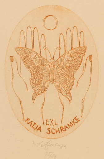 Exlibris by Karel Fiala from Czechoslovakia for Katja Schramke - Hand(s) Butterfly 