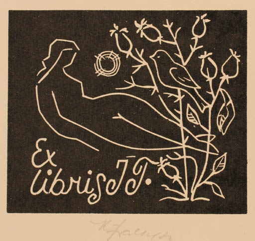 Exlibris by Karel Fiala from Czechoslovakia for ? J.T. - Flora Bird Woman 