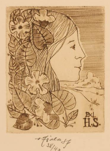 Exlibris by Karel Fiala from Czechoslovakia for ? H. S. - Flower Flora Woman Scenery/Landscape Portrait 