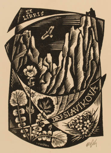 Exlibris by Dr. Otakar Marik from Czechoslovakia for Mudr. J. Slavikova - Mountain Flower Flora Bird 