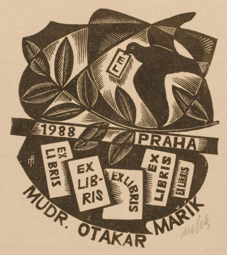 Exlibris by Dr. Otakar Marik from Czechoslovakia for Dr. Otakar Marik - Bird 