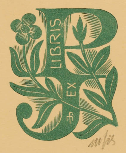 Exlibris by Dr. Otakar Marik from Czechoslovakia for ? P.J. - Flower Flora Monogram 