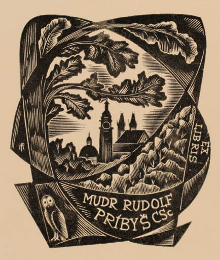 Exlibris by Dr. Otakar Marik from Czechoslovakia for Dr. Rudolf Pribys - City Church Scenery/Landscape Tree Owl 