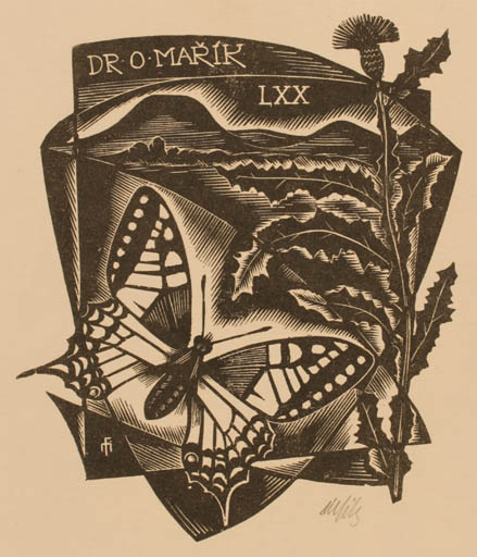 Exlibris by Dr. Otakar Marik from Czechoslovakia for Dr. Otakar Marik - Flora Scenery/Landscape Butterfly 