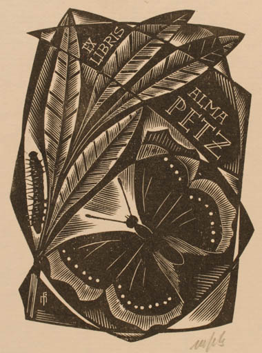 Exlibris by Dr. Otakar Marik from Czechoslovakia for Alma Petz - Insect Butterfly 