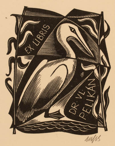 Exlibris by Dr. Otakar Marik from Czechoslovakia for Dr. Vl Pelikan - Bird 