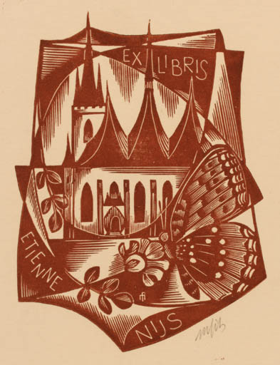 Exlibris by Dr. Otakar Marik from Czechoslovakia for Etienne Nus - Architecture Butterfly 