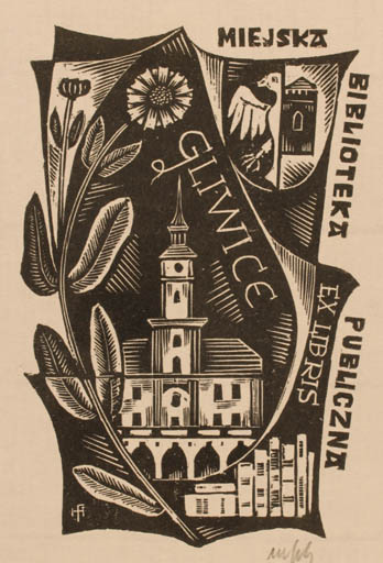 Exlibris by Dr. Otakar Marik from Czechoslovakia for Publiczna Miejska Gliwice Biblioteka - Architecture Flora 