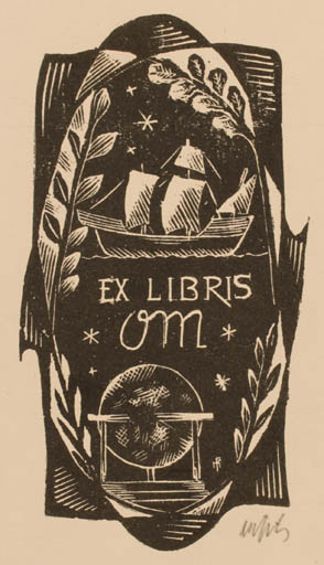 Exlibris by Dr. Otakar Marik from Czechoslovakia for ? Om - Globe Ship/Boat 