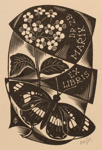 Exlibris by Dr. Otakar Marik from Czechoslovakia for Zbynek Marik - Flower Flora Butterfly 