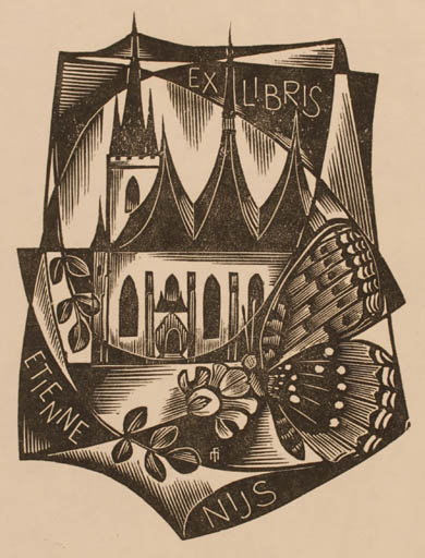 Exlibris by Dr. Otakar Marik from Czechoslovakia for Etienne Nus - Architecture Flower Flora Butterfly 