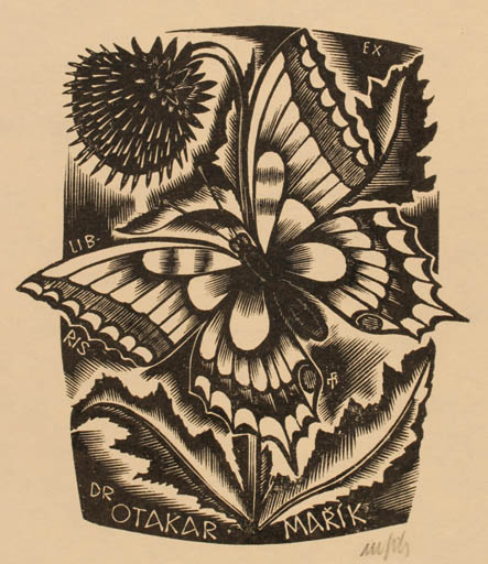 Exlibris by Dr. Otakar Marik from Czechoslovakia for Dr. Otakar Marik - Flower Flora Butterfly 