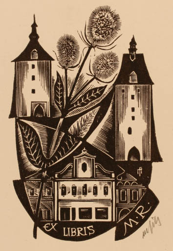 Exlibris by Dr. Otakar Marik from Czechoslovakia for ? M.R. - Architecture Flower 