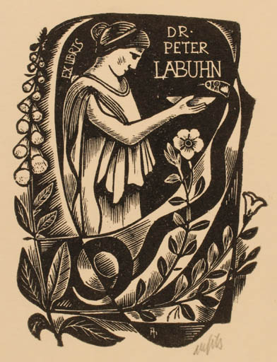 Exlibris by Dr. Otakar Marik from Czechoslovakia for Dr. Peter Labuhn - Flower Flora Woman 