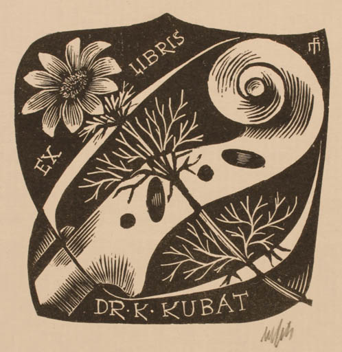 Exlibris by Dr. Otakar Marik from Czechoslovakia for Dr. K Kubat - Flower Flora Music 