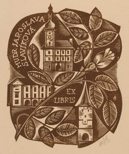 Exlibris by Dr. Otakar Marik from Czechoslovakia for Mudr. Jaroslav Slavikova - Architecture Flower Flora 