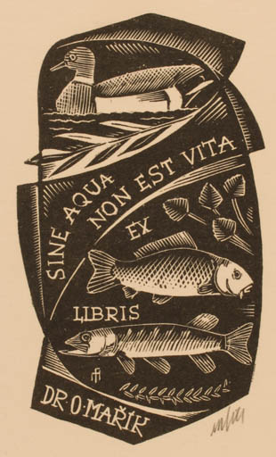 Exlibris by Dr. Otakar Marik from Czechoslovakia for Dr. Otakar Marik - Fish Bird 