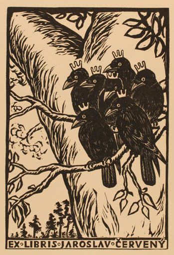 Exlibris by Michal Florian from Czechoslovakia for Jaroslav Cervany - Bird Tree 